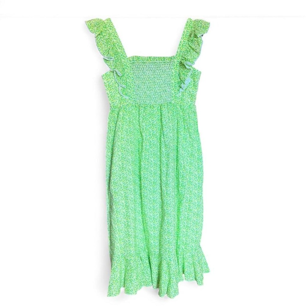 Tuckernuck Lemon Grove Green & Yellow floral midi dress with ruffle sleeves
